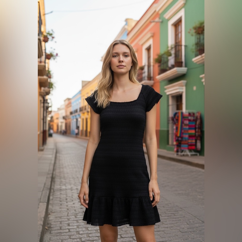 Free People Black Textured Raw Edge Scoop Neck Mini Dress size Medium